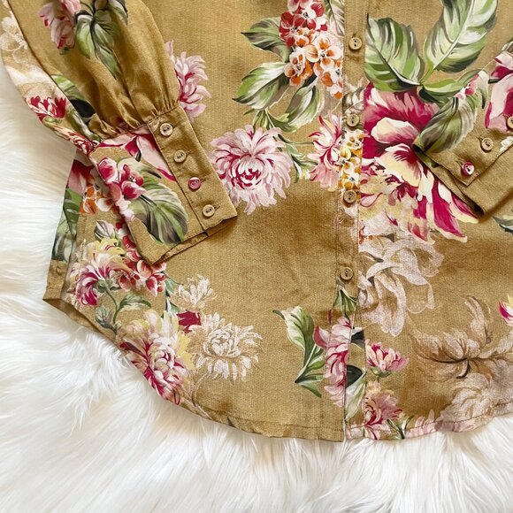 Johnny Was Mustard Yellow Vintage Rose Floral Yrene Silk Long Sleeve Blouse - Picture 4 of 7